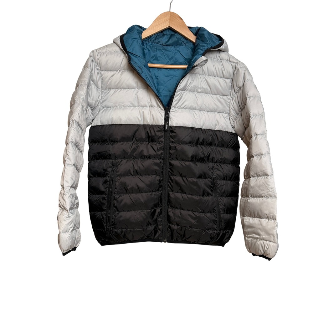 Eddie Bauer Kids Puffer Jacket L Silver Black Hooded Quilted Coat